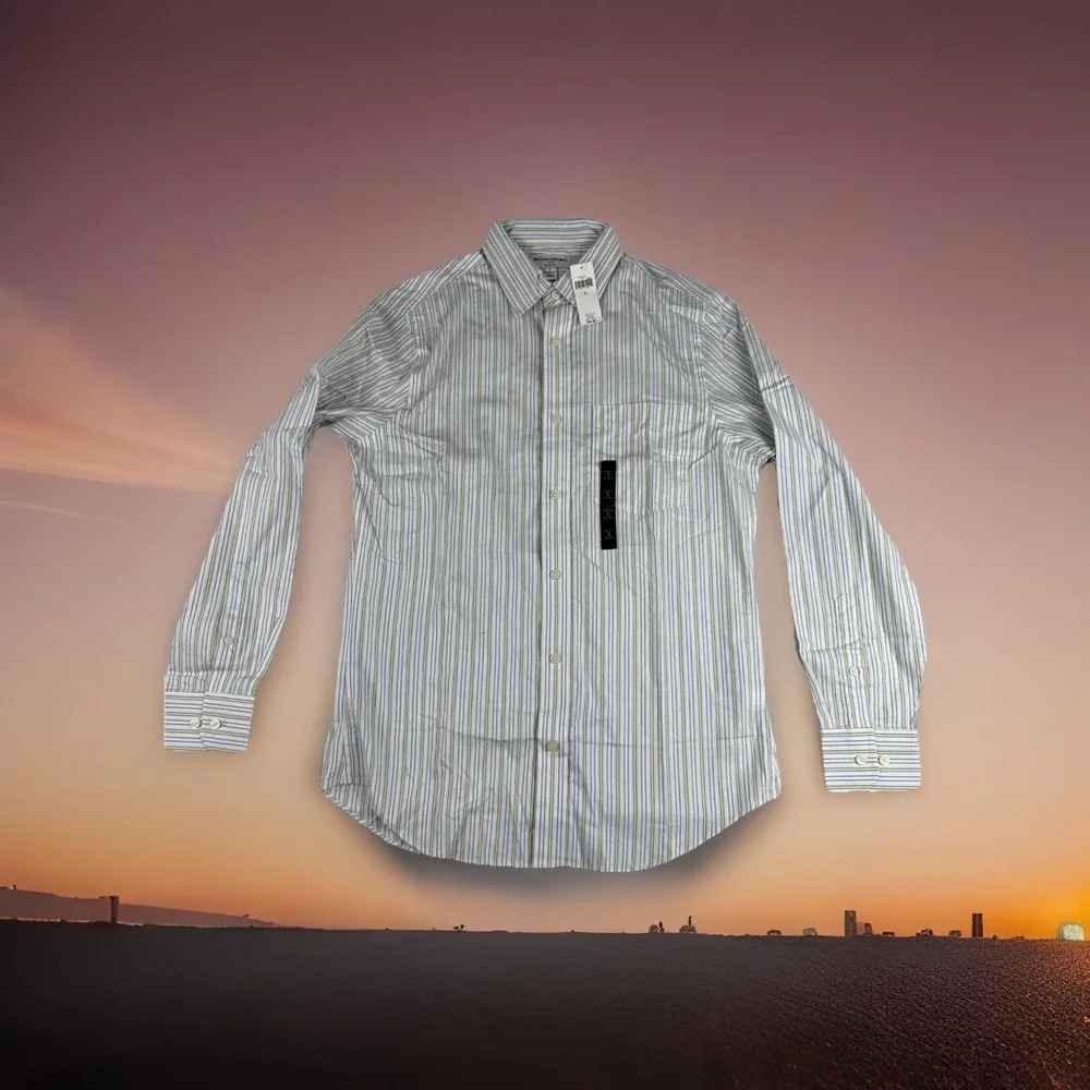 New! Banana Republic Mens White Yellow Blue Striped Shirt S 14-14.5 Slim Fit